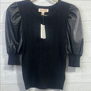 Philosophy Black Cable Knit Faux Leather Balloon Sleeves XS